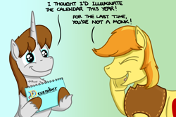 Size: 1800x1200 | Tagged: safe, artist:hoofclid, imported from derpibooru, braeburn, oc, oc:hoofclid, earth pony, pony, unicorn, calendar, canon x oc, dialogue, duo, duo male, eyes closed, gay, gradient background, hatless, horn, male, missing accessory, open mouth, open smile, shipping, smiling, stallion