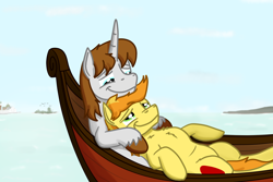 Size: 1800x1200 | Tagged: safe, artist:hoofclid, imported from derpibooru, braeburn, oc, oc:hoofclid, earth pony, pony, unicorn, boat, canon x oc, cuddling, duo, duo male, gay, hatless, horn, lidded eyes, looking at each other, looking at someone, male, missing accessory, shipping, smiling, smiling at each other, stallion, water