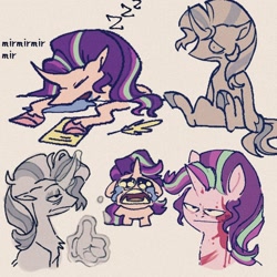 Size: 1500x1500 | Tagged: safe, artist:disaterror, imported from derpibooru, starlight glimmer, pony, unicorn, bags under eyes, bawling, bipedal, blood, chest fluff, colored hooves, crying, curved horn, doodle, doodle dump, drool, eyes closed, eyeshadow, female, floppy ears, frown, glowing, glowing horn, hand, hooves, horn, implied violence, looking down, magic, magic hands, makeup, mare, narrowed eyes, no catchlights, onomatopoeia, open mouth, paper, pink coat, pink hooves, profile, quill pen, raised leg, shrunken pupils, sitting, sleeping, smiling, solo, sound effects, spanish, standing, thin, three toned mane, three toned tail, thumbs up, tired, underhoof, unicorn horn, wingding eyes, zzz