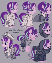 Size: 1500x1800 | Tagged: safe, artist:disaterror, imported from derpibooru, starlight glimmer, pony, unicorn, alternate clothes, alternate hairstyle, bag, bags under eyes, bangs, base used, boots, butt, clothes, coat, collared shirt, dictator, epaulettes, eyebrows, female, frown, gray background, hair bun, hat, hood, hoof boots, hoof shoes, horn, jacket, jewelry, mare, mask, military hat, military uniform, narrowed eyes, necklace, noise, pants, peaked cap, pink coat, plot, ponytail, purple eyes, raised eyebrow, raised hoof, robe, ruffled shirt, s5 starlight, saddle bag, sash, scarf, shirt, shoes, short mane, simple background, smiling, smirk, solo, standing, standing on three hooves, three quarter view, three toned mane, three toned tail, tied mane, tunic, turned head, unicorn horn, uniform, winter coat, winter outfit