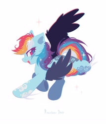 Size: 2400x2800 | Tagged: safe, artist:mirtash, imported from derpibooru, rainbow dash, pegasus, pony, alternate design, alternate mane color, alternate tail color, black wings, blue coat, blue text, chromatic aberration, cloud pattern, coat markings, colored eyelashes, colored pinnae, colored pupils, colored underhoof, colored wings, ear fluff, eye markings, eyelashes, female, flying, high res, leg markings, lidded eyes, lightning mark, lineless, looking back, magenta eyelashes, magenta eyes, magenta pupils, mare, multicolored mane, multicolored tail, name, one wing out, open mouth, open smile, pink eyes, profile, purple eyelashes, purple pupils, simple background, smiling, solo, sparkles, sparkly mane, sparkly tail, tail, underhoof, white background, wing fluff, wings