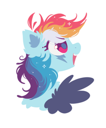 Size: 532x640 | Tagged: safe, artist:mirtash, imported from derpibooru, rainbow dash, pegasus, pony, alternate design, alternate mane color, black wings, blue coat, chest fluff, colored eyelashes, colored pinnae, colored pupils, colored wings, ear fluff, eye markings, female, lightning mark, lineless, magenta eyelashes, magenta eyes, magenta pupils, mare, multicolored mane, one wing out, open mouth, open smile, pink eyes, profile, purple eyelashes, purple pupils, shiny eyes, simple background, smiling, solo, sparkles, sparkly mane, white background, wing fluff, wings