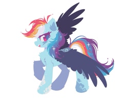 Size: 1163x921 | Tagged: safe, artist:mirtash, imported from derpibooru, rainbow dash, pegasus, pony, alternate design, alternate mane color, alternate tail color, black wings, chest fluff, cloud pattern, coat markings, colored eyelashes, colored pinnae, colored pupils, colored wings, ear fluff, female, hock fluff, leg fluff, leg markings, lightning mark, lineless, looking back, magenta eyelashes, magenta eyes, magenta pupils, mare, multicolored mane, multicolored tail, one wing out, open mouth, open smile, pink eyes, profile, purple eyelashes, purple pupils, raised hoof, shiny eyes, shoulder fluff, simple background, smiling, solo, sparkles, sparkly mane, sparkly tail, spread wings, standing, standing on three hooves, tail, white background, wing fluff, wings