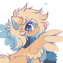 Size: 705x705 | Tagged: safe, artist:mirtash, imported from derpibooru, oc, oc only, oc:mirta whoowlms, pegasus, pony, blonde mane, blonde tail, blue eyes, blue pupils, blush lines, blushing, clothes, colored eartips, colored pupils, colored wings, colored wingtips, ear fluff, emanata, eye markings, eyelashes, facial markings, female, female oc, fluffy, fluffy mane, looking back, mare, mare oc, open mouth, pegasus oc, plewds, ponysona, profile, scarf, shiny eyes, solo, spread wings, starry eyes, striped scarf, tail, two toned wings, wing fluff, wingding eyes, wings, yellow coat, yellow wingtips