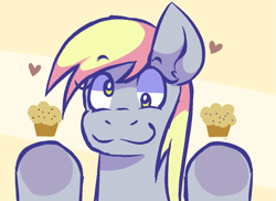 Size: 1261x919 | Tagged: safe, artist:thegemstallion, imported from derpibooru, derpy hooves, pegasus, pony, cute, derpabetes, female, food, heart, looking at you, muffin, smiling, smiling at you, solo, solo female