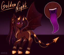 Size: 2344x2000 | Tagged: safe, artist:erein, imported from derpibooru, oc, oc only, oc:golden night, demon, demon pony, incubus, original species, pony, succubus, bat wings, brown coat, brown mane, claws, coat markings, colored hooves, colored horns, colored sclera, colored tongue, dark background, demon wings, devil tail, drool, ear piercing, earring, ears, ears up, eyebrow slit, eyebrows, eyeshadow, fangs, female, gold, gold hooves, gold horns, gradient background, gradient legs, gradient tail, high res, hooped earrings, hooves, horns, jewelry, leg markings, long tongue, looking at you, makeup, mare, piercing, purple background, purple eyes, purple mouth, purple tongue, reference sheet, simple background, slit pupils, solo, sparkles, sparkly mane, sparkly wings, spread wings, standing, tail, tail cuff, text, tongue out, turned head, wing claws, wings, yellow sclera