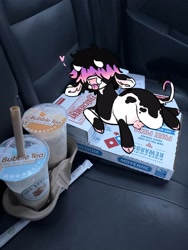 Size: 3024x4032 | Tagged: safe, artist:octanez, imported from derpibooru, oc, oc only, oc:octane, cow, cow pony, bubble tea, car, domino's pizza, draw over, drink, food, irl, looking at you, photo, small, smol, udder