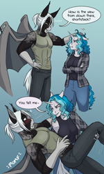 Size: 2262x3782 | Tagged: safe, artist:askbubblelee, imported from derpibooru, oc, oc:bubble lee, oc:victor bates, anthro, bat pony, unguligrade anthro, unicorn, alternate universe, anthro oc, bat pony oc, bat wings, blushing, carrying, clothes, comic, dialogue, digital art, fangs, female, floppy ears, freckles, gradient background, horn, mare, plaid shirt, shirt, size difference, smiling, speech bubble, unamused, unicorn oc, willowverse, wings