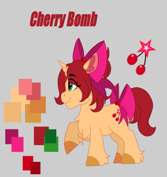 Size: 1757x1870 | Tagged: safe, imported from derpibooru, oc, oc:cherry bomb, pony, unicorn, fallout equestria, bow, female, filly, foal, green eyes, hair bow, horn, reference sheet, solo, tail, tail bow, unshorn fetlocks