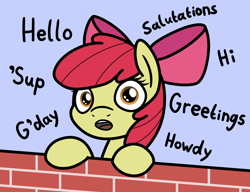 Size: 2048x1573 | Tagged: safe, artist:ewoudcponies, imported from derpibooru, apple bloom, earth pony, pony, adorabloom, brick wall, bust, cute, dialogue, female, filly, foal, howdy, solo, talking to viewer