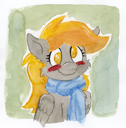 Size: 1045x1063 | Tagged: safe, artist:lost marbles, imported from derpibooru, derpy hooves, pegasus, pony, blushing, cheek fluff, clothes, female, mare, mixed media, scarf, smiling, solo, traditional art, watercolor painting, wings