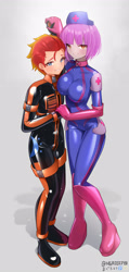 Size: 1690x3555 | Tagged: safe, artist:mgroo27, imported from derpibooru, oc, oc only, oc:fireheart(fire), oc:nurse lavender blossom, human, equestria girls, alternate universe, clothes, couple, fireheart76's latex suit design, gloves, humanized, humanized oc, latex, latex boots, latex gloves, latex suit, prisoners of the moon, rubber, rubber gloves, rubber suit