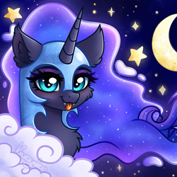 Size: 1080x1080 | Tagged: safe, artist:kruszynka25, imported from derpibooru, nightmare moon, alicorn, pony, :p, chibi, cloud, crescent moon, cute, ethereal mane, female, mare, moon, moonabetes, signature, sky, solo, stars, tongue out