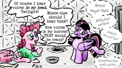 Size: 1200x675 | Tagged: safe, artist:pony-berserker, imported from derpibooru, part of a set, pinkie pie, twilight sparkle, alicorn, insane asylum, oh no, part of a series, pony-berserker's twitter sketches, pony-berserker's twitter sketches (2024), schizophrenia, subversion, the implications are horrible, twilight sparkle (alicorn), voices in the head