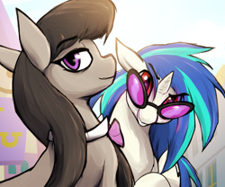 Size: 1301x1084 | Tagged: safe, artist:candel, imported from derpibooru, dj pon-3, octavia melody, vinyl scratch, earth pony, pony, unicorn, bowtie, canterlot, female, grin, horn, lidded eyes, looking at you, mare, smiling, sunglasses