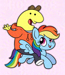 Size: 2772x3184 | Tagged: safe, artist:amynewblue, imported from derpibooru, rainbow dash, pegasus, pony, charlie dompler, crossover, flying, riding, riding a pony, smiling friends