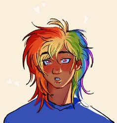 Size: 1242x1310 | Tagged: safe, artist:eeriezoundzz, imported from derpibooru, rainbow dash, human, blush lines, blushing, clothes, ear piercing, earring, eyebrow piercing, heart, humanized, jewelry, lip piercing, looking at you, multicolored hair, piercing, rainbow hair, shirt, snake bites, t-shirt