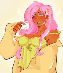 Size: 1226x1412 | Tagged: safe, artist:eeriezoundzz, imported from derpibooru, fluttershy, human, blush lines, blushing, breasts, clothes, ear piercing, earring, hairpin, humanized, jewelry, looking at you, nail polish, piercing, pink hair, smiling, smiling at you, sweat, sweater, wings