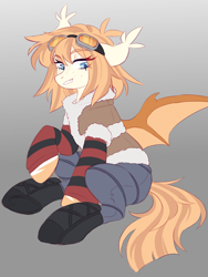 Size: 1538x2048 | Tagged: safe, artist:cheekipone, oc, oc only, oc:honey milk, bat pony, pony, bat pony oc, bat wings, boots, clothes, ear tufts, eyebrows visible through hair, eyeshadow, fangs, female, floppy ears, freckles, goggles on head, gradient background, makeup, mare, pants, parka, raised hoof, shoes, sitting, smiling, socks, solo, spread wings, striped socks, two toned mane, two toned tail, unshorn fetlocks, wings, winter outfit