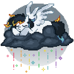 Size: 798x797 | Tagged: safe, artist:cheekipone, oc, oc only, oc:feather fall, pegasus, pony, cloud, eyes closed, female, floppy ears, lying down, lying on a cloud, mare, on a cloud, passepartout, pegasus oc, pixel art, rain, sleeping, sleeping on a cloud, solo, sparkles, spread wings, stormcloud, three toned mane, three toned tail, three toned wings, unshorn fetlocks, wings