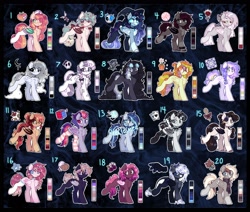 Size: 2318x1964 | Tagged: safe, artist:flixanoa, imported from derpibooru, oc, oc only, oc:honey, bat pony, griffon, pegasus, pony, adoptable, adoptable open, bags under eyes, bandaid, bangs, bat pony oc, bat wings, beak, bells, big eyes, black bow, black coat, black mane, black socks, black tail, black wings, blaze (coat marking), blonde mane, blonde tail, blue coat, blue eyelashes, blue eyes, blue hooves, blue mane, blue tail, blush lines, blushing, bow, braid, braided pigtails, brown coat, brown eyes, brown eyeshadow, brown hooves, brown wings, butt freckles, chest fluff, chest markings, choker, claws, clothes, coat markings, color palette, colored belly, colored eyelashes, colored hooves, colored pinnae, colored pupils, colored wings, colored wingtips, cream coat, cream wingtips, curly mane, curly tail, cyan eyes, ear fluff, ear piercing, ear tufts, earring, eye clipping through hair, eyebrows, eyebrows visible through hair, eyelashes, eyeshadow, facial markings, fangs, female, female oc, fetlock tuft, folded wings, for sale, freckles, frilly socks, frown, garter belt, garter straps, garters, glasses, goggles, goggles on head, gradient legs, gradient mane, gradient tail, gradient wings, gray coat, gray eyes, gray feathers, gray fur, gray hooves, gray wings, green coat, green eyes, green hooves, green mane, green tail, griffon oc, group, hair accessory, hair bow, hair ribbon, hair tie, hairpin, hat, heart, heart eyes, heterochromia, hock fluff, hockless socks, hoofless socks, hooves, jester, jester hat, jewelry, lace choker, lavender coat, leonine tail, lidded eyes, light blue coat, light blue eyes, long mane, long socks, long tail, looking back, makeup, male, male oc, mane accessory, mane tie, mare, mare oc, multicolored mane, multicolored tail, no pupils, nurse hat, orange coat, orange mane, orange tail, outline, pale belly, pale coat, paws, piercing, pigtails, pink coat, pink eyeshadow, pink mane, pink tail, pink wings, pink wingtips, ponytail, purple coat, purple eyelashes, purple eyes, purple mane, purple tail, raised leg, real life background, red bow, red coat, red eyes, red hooves, red mane, red pupils, red tail, ribbon, round glasses, ruff (clothing), scarf, shiny hooves, shiny mane, shiny tail, shoulder fluff, shoulder freckles, shrunken pupils, silver hooves, slit pupils, smiling, snip (coat marking), socks, socks (coat markings), sparkles, sparkly eyes, sparkly mane, sparkly tail, spiked wristband, stallion, stallion oc, standing, standing on three hooves, striped scarf, striped socks, swirly eyes, tail, tail accessory, tail bow, tail bun, tan coat, thin tail, three quarter view, three toned mane, three toned tail, tied mane, tied tail, tongue out, two toned eyes, two toned mane, two toned tail, two toned wings, wall of tags, wavy mane, wavy tail, white coat, white eyelashes, white eyeshadow, white hair, white hooves, white pupils, white socks, white tail, white wings, wing claws, wing freckles, wingding eyes, wings, witch hat, wristband