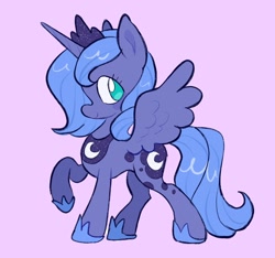 Size: 2048x1914 | Tagged: safe, artist:alexbeeza, imported from derpibooru, princess luna, alicorn, pony, blue coat, blue mane, blue tail, colored, crown, cute, eyelashes, female, flat colors, hoof shoes, horn, jewelry, lavender background, looking back, lunabetes, mare, no pupils, peytral, princess shoes, profile, purple background, raised hoof, regalia, s1 luna, shiny mane, shiny tail, short mane, simple background, smiling, solo, spread wings, standing on three hooves, tail, teal eyes, unicorn horn, wings