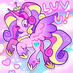 Size: 2048x2048 | Tagged: safe, artist:alexbeeza, imported from derpibooru, princess cadance, alicorn, pony, abstract background, alternate design, alternate hairstyle, chest fluff, coat markings, colored belly, colored eyelashes, colored horntip, colored wings, colored wingtips, crown, curly mane, curly tail, cute, cutedance, eye clipping through hair, eyebrows, eyebrows visible through hair, eyeshadow, facial markings, female, fetlock tuft, floating crown, floating heart, flying, gradient background, gradient horn, gradient legs, gradient wings, heart, heart mark, high res, hoof shoes, horn, jewelry, leg markings, long mane, long tail, looking back, makeup, mare, neck markings, one eye closed, outline, pale belly, peytral, pink coat, ponytail, princess shoes, purple eyelashes, purple eyes, purple wingtips, rainbow background, rainbow text, regalia, shiny eyes, shiny mane, shiny tail, signature, sky background, smiling, solo, sparkles, sparkly mane, sparkly tail, spots, spread wings, star (coat marking), striped wings, tail, three quarter view, three toned mane, three toned tail, tied mane, turned head, unicorn horn, wing markings, wings, wink, yellow eyeshadow