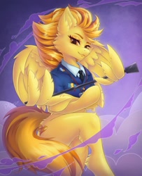 Size: 1800x2220 | Tagged: safe, artist:dlexsie, imported from derpibooru, spitfire, pegasus, pony, clothes, cloud, crossed hooves, crossed legs, female, looking at you, mare, on a cloud, riding crop, sitting, solo, uniform, wing hands, wings, wonderbolts dress uniform