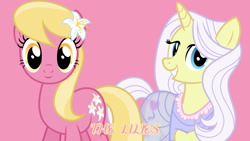 Size: 1920x1080 | Tagged: safe, artist:cheezedoodle96, artist:dashiesparkle edit, edit, editor:jaredking779, imported from derpibooru, lily, lily lace, lily valley, earth pony, pony, unicorn, clothes, duo, duo female, female, flower, flower in hair, horn, looking at you, mare, pink background, see-through, simple background, smiling