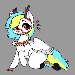 Size: 1500x1500 | Tagged: safe, artist:octanez, imported from derpibooru, oc, oc:alpine needle, pegasus, amputee, antlers, christmas, clothes, costume, face paint, gray background, harness, holiday, jingle bells, lying down, paint marker, pegasus oc, prosthetic limb, prosthetics, red nose, reindeer antlers, simple background, tack, wings