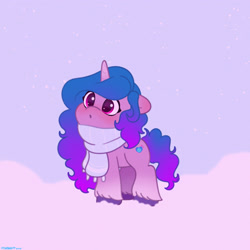 Size: 2480x2480 | Tagged: safe, artist:starburstuwu, imported from derpibooru, izzy moonbow, pony, unicorn, blushing, clothes, cute, female, g5, high res, horn, izzybetes, looking up, mare, scarf, snow, snowfall, solo