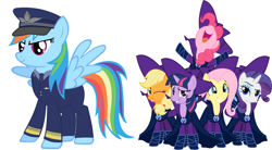 Size: 2560x1412 | Tagged: safe, imported from derpibooru, applejack, fluttershy, pinkie pie, rainbow dash, rarity, twilight sparkle, the mysterious mare do well, air force, clothes, mane six, mare do well costume, military uniform, my little pony, uniform