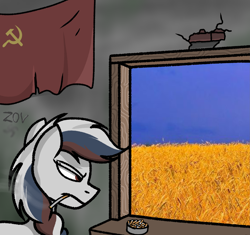 Size: 2581x2427 | Tagged: safe, imported from derpibooru, oc, oc only, oc:marussia, pony, angry, cigarette, cigarette butts, cracks, dirty, flag, mold, nation ponies, ponified, russia, sky, smoking, soviet union, trash can, ukraine, ukraine flag, wheat field, window