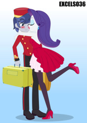 Size: 661x935 | Tagged: safe, artist:excelso36, imported from ponybooru, rarity, human, equestria girls, bellhop, clothes, duo, duo male and female, female, gradient background, male, suitcase, welcome inn