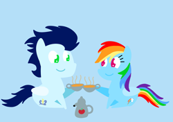 Size: 3553x2499 | Tagged: safe, anonymous artist, derpibooru exclusive, imported from derpibooru, rainbow dash, soarin', pegasus, pony, series:soarindash all seasons, series:soarindash winter, female, food, looking at each other, looking at someone, male, mare, pointy ponies, shipping, smiling, smiling at each other, soarindash, stallion, straight, tea