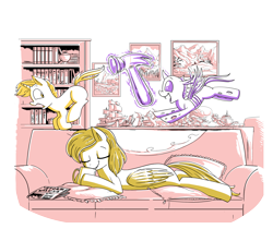 Size: 2685x2376 | Tagged: safe, artist:jowyb, imported from derpibooru, oc, oc only, oc:gleaming gold, oc:raining lead, oc:shellac, changeling, pegasus, pony, unicorn, fanfic:the boy and the bug, changeling oc, coffee mug, colt, eyes closed, fanfic art, female, foal, hammer, high res, horn, levitation, limited palette, magic, male, mare, mug, partially transparent background, running, telekinesis, trio