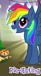 Size: 379x708 | Tagged: safe, imported from derpibooru, rainbow dash, pegasus, pony, secrets and pies, adorabolical, adorapiehater, cropped, cute, english, evil pie hater dash, face of mercy, fangs, female, food, gameloft, mare, meme, my little pony, pie, smiling, solo, spread wings, text, when she smiles, wings, wow! glimmer