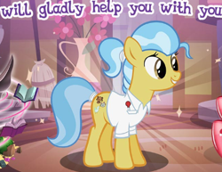 Size: 443x342 | Tagged: safe, imported from derpibooru, doctor fauna, earth pony, pony, cropped, english, female, gameloft, mare, meme, smiling, solo, text, wow! glimmer