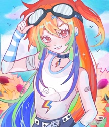 Size: 1080x1251 | Tagged: artist needed, source needed, useless source url, safe, imported from derpibooru, rainbow dash, human, choker, goggles, goggles on head, humanized, outdoors