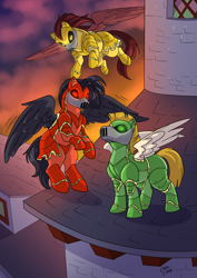 Size: 1614x2283 | Tagged: safe, artist:ctrlzeke, imported from derpibooru, oc, oc only, pegasus, pony, armor, flying, glowing, glowing eyes, helmet, knight, rooftop, standing, sunset, trio