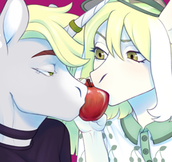 Size: 1976x1865 | Tagged: safe, artist:deadash, imported from derpibooru, oc, oc only, anthro, unicorn, apple, biting, bust, clothes, duo, food, horn, horn ring, jewelry, looking at each other, looking at someone, oc x oc, portrait, ring, sharing food, shipping