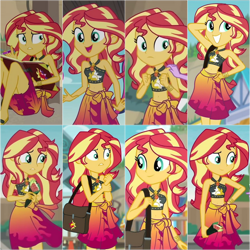 Size: 600x600 | Tagged: safe, artist:frankcrazy16, imported from derpibooru, screencap, sci-twi, sunset shimmer, twilight sparkle, equestria girls, equestria girls series, unsolved selfie mysteries, x marks the spot, bag, bikini, bikini top, clothes, collaboration, equestria girls specials, food, hand on shoulder, hand on wrist, handbag, journal, leather, leather bikini, my little pony equestria girls: better together, my little pony equestria girls: forgotten friendship, offscreen character, sarong, skirt, sunset shimmer's beach shorts swimsuit, sushi, sushi cone, swimsuit, wrist cuff