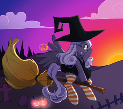 Size: 2800x2500 | Tagged: safe, artist:akaunkel, imported from derpibooru, oc, oc only, oc:arpeggio pegasus, pegasus, pony, broom, clothes, costume, gradient background, gravestone, green eyes, halloween, halloween 2024, halloween costume, hat, hill, holiday, hooves, looking at you, one eye closed, pegasus oc, pumpkin, skirt, smiling, smiling at you, socks, striped socks, sunset, tree, wings, witch, witch hat