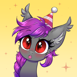 Size: 3000x3000 | Tagged: safe, artist:confetticakez, imported from derpibooru, oc, oc only, oc:andromeda aurora, bat pony, pony, bat pony oc, bat wings, blushing, bust, ear fluff, ear tufts, eyebrows, eyebrows visible through hair, female, gradient background, hat, high res, mare, open mouth, party hat, portrait, solo, sparkles, sparkly eyes, wingding eyes, wings