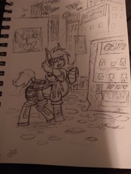 Size: 3000x4000 | Tagged: safe, artist:homicidal doktor, imported from derpibooru, oc, oc:cutpurse, bat pony, city, cityscape, clothes, cyberpunk, inked, sketch, solo, traditional art, vending machine