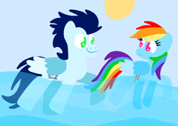 Size: 2602x1847 | Tagged: safe, anonymous artist, derpibooru exclusive, imported from derpibooru, rainbow dash, soarin', pegasus, pony, series:soarindash romantic tales, female, lineless, male, mare, shipping, soarindash, stallion, straight, swimming, water