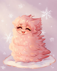 Size: 2056x2551 | Tagged: safe, artist:polnocnykot, imported from derpibooru, oc, oc:fluffle puff, earth pony, pony, blushing, chest fluff, cute, ear fluff, eyes closed, fluffy, open mouth, open smile, smiling, snow, snowfall, snowflake, solo, wind, winter