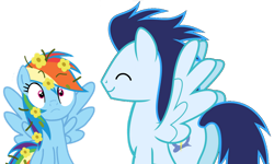 Size: 1280x768 | Tagged: safe, artist:soarindasher10, imported from derpibooru, rainbow dash, soarin', pegasus, pony, the perfect pear, female, flower, flower in hair, male, mare, my little pony, shipping, simple background, soarindash, stallion, straight, transparent background