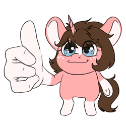 Size: 1408x1407 | Tagged: safe, artist:aliceg, imported from derpibooru, oc, oc only, oc:milky chance, unicorn, big ears, freckles, horn, meme, silly, simple background, solo, thumbs up, transparent background