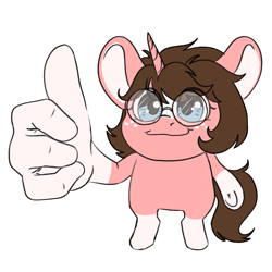 Size: 1408x1407 | Tagged: safe, artist:aliceg, imported from derpibooru, oc, oc only, oc:milky chance, unicorn, big ears, freckles, glasses, horn, meme, round glasses, silly, simple background, solo, thumbs up, transparent background